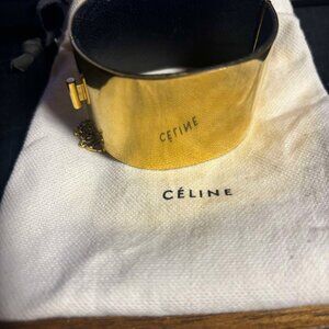 SOLD Celine Gold-Tone & Black Leather Edge Cuff Bracelet/Minimal Manchette Cuff